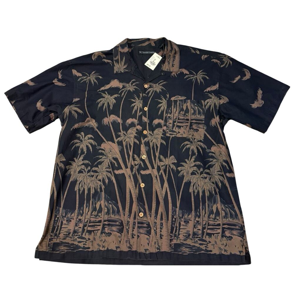Vintage J. Peterman Camp Shirt XXL NWT Black Brown Tropical Scenic Print Cotton